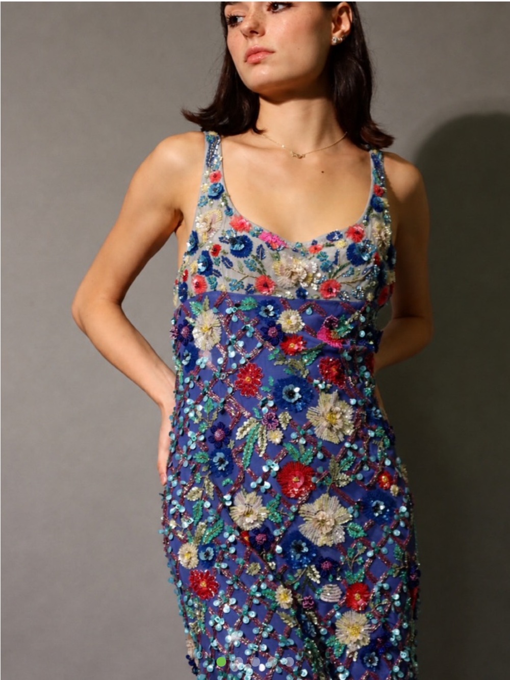 La Fuori Multi & Blue Embellished Floral Midi Dress